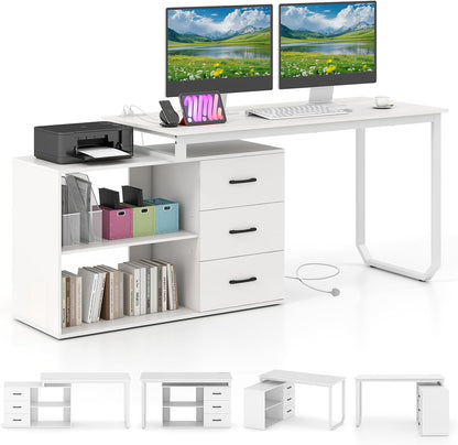 L Shaped Computer Desk with 3 Drawers and 2 Shelves, 140 cm Reversible Home Office Corner Desk