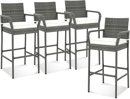 All Weather Outdoor Wicker Bar Stools Set with Soft Seat Cushions