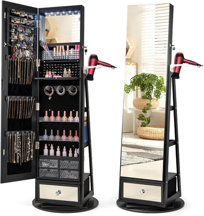 360° Swivel Lockable Jewelry Armoire Cabinet with Full-Length Mirror