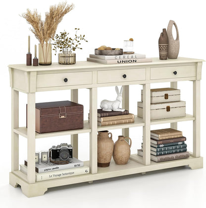 146cm Long Slim Entryway Sofa Table with 3 Drawers & Open Storage Shelves