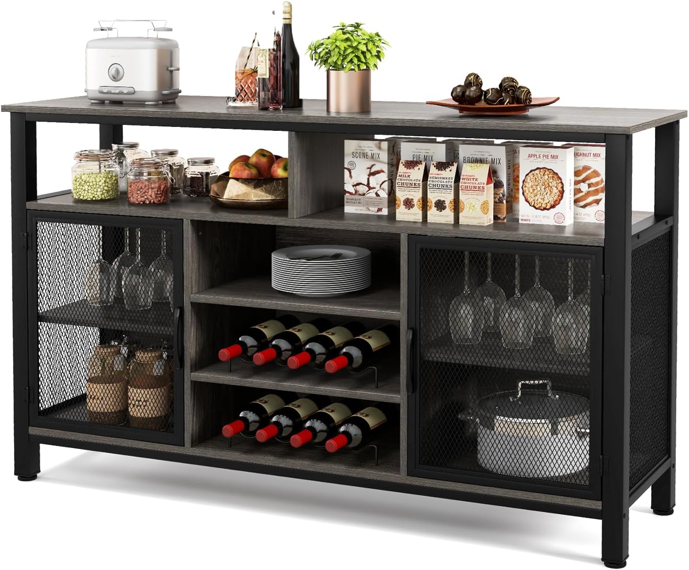 GiantexUK Kitchen Storage Cabinet, Wooden Buffet Sideboard with Wine Racks, Glass Holders, Metal Mesh Doors & Shelves