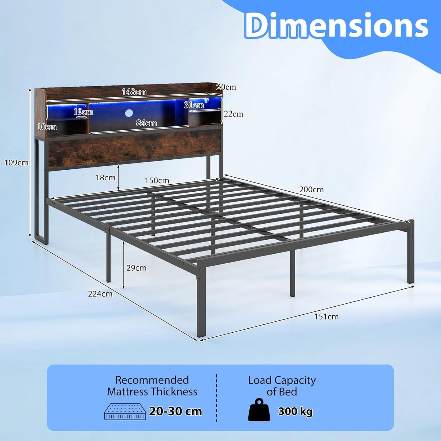 Double/King Size Bed Frame with LED Lights and Charging Station