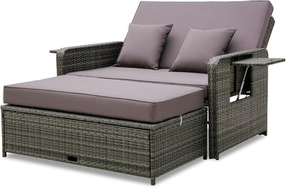 Patio Rattan Daybed Set with Multipurpose Ottoman and Retractable Side Tray