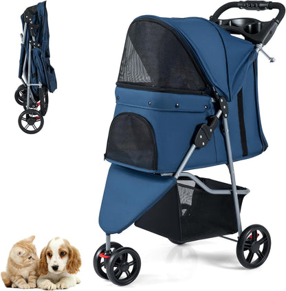 Pet Stroller with Adjustable Canopy and 3 Shock-absorbing Wheels