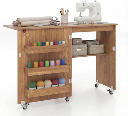 Folding Sewing Table with Storage Shelf and 3 Hidden Bins for Home