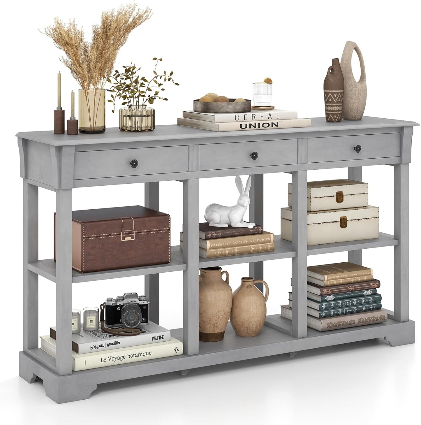 146cm Long Slim Entryway Sofa Table with 3 Drawers & Open Storage Shelves