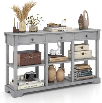 146cm Long Slim Entryway Sofa Table with 3 Drawers & Open Storage Shelves