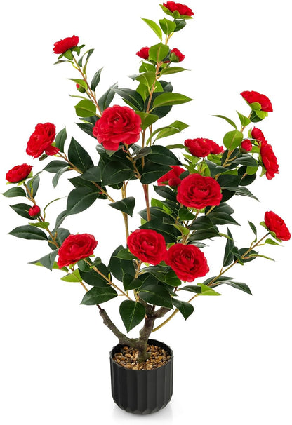 95cm Artificial Camellia Tree with Flowers and Rain-Flower Pebbles
