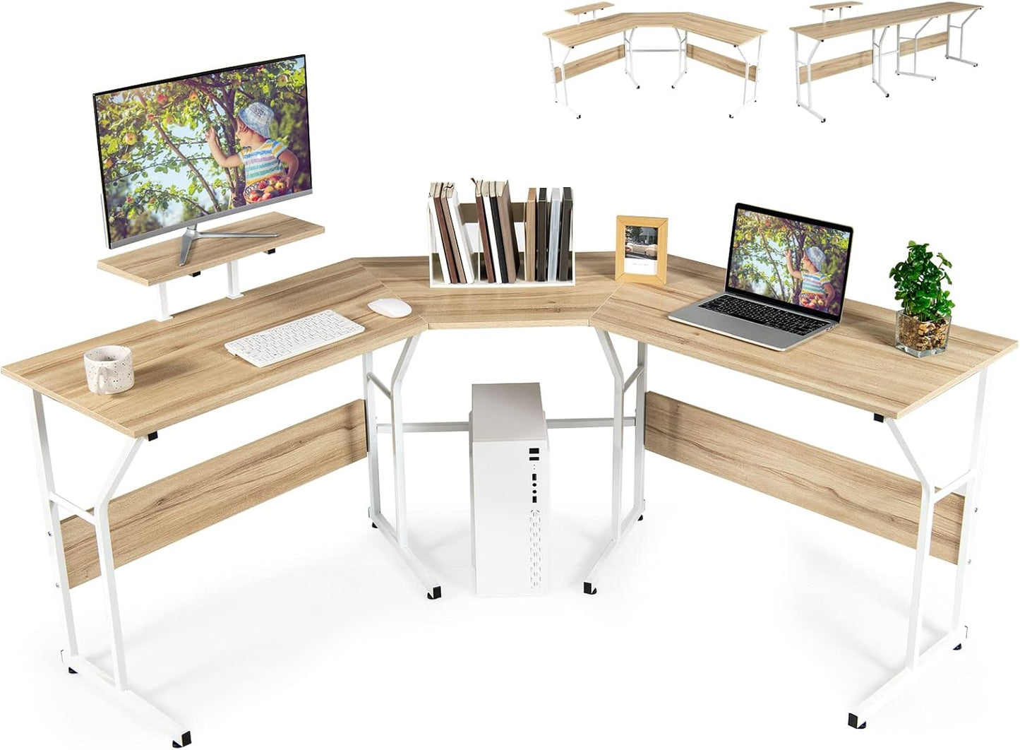 L-Shaped Computer Desk, 225cm Convertible Double Study Writing Workstation
