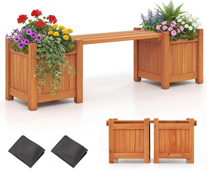 3-in-1 Wooden Planter with Bench, Raised Garden Bed with Seat and Open-ended Bottom