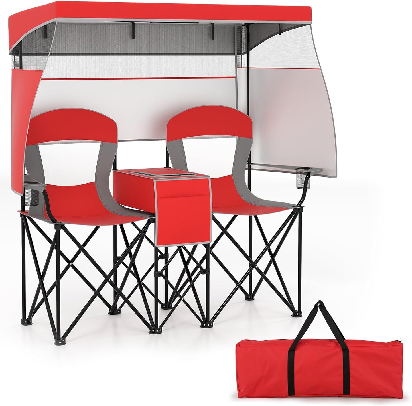 Outdoor Portable Double Folding Camping Chair with Roll-up Shade