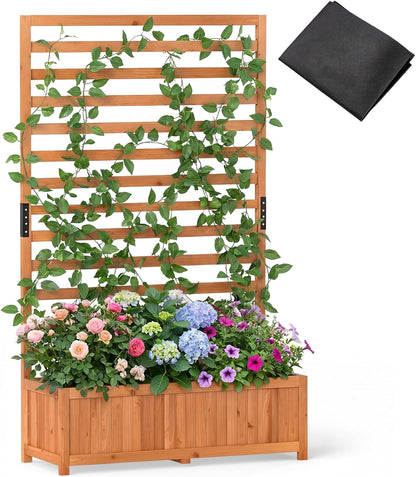 Wooden Planter with Trellis, Raised Garden Bed with Liner, Drainage Design
