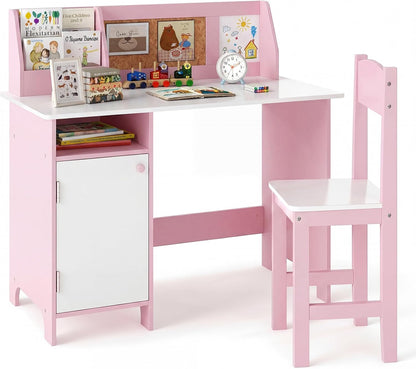 Kids Desk and Chair Set, Wooden Children Study Table with Storage Cabinet, Cork Board