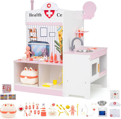 Wooden Toy Medical Center Playset with Faucet and ECG Monitor for Aged 3-6