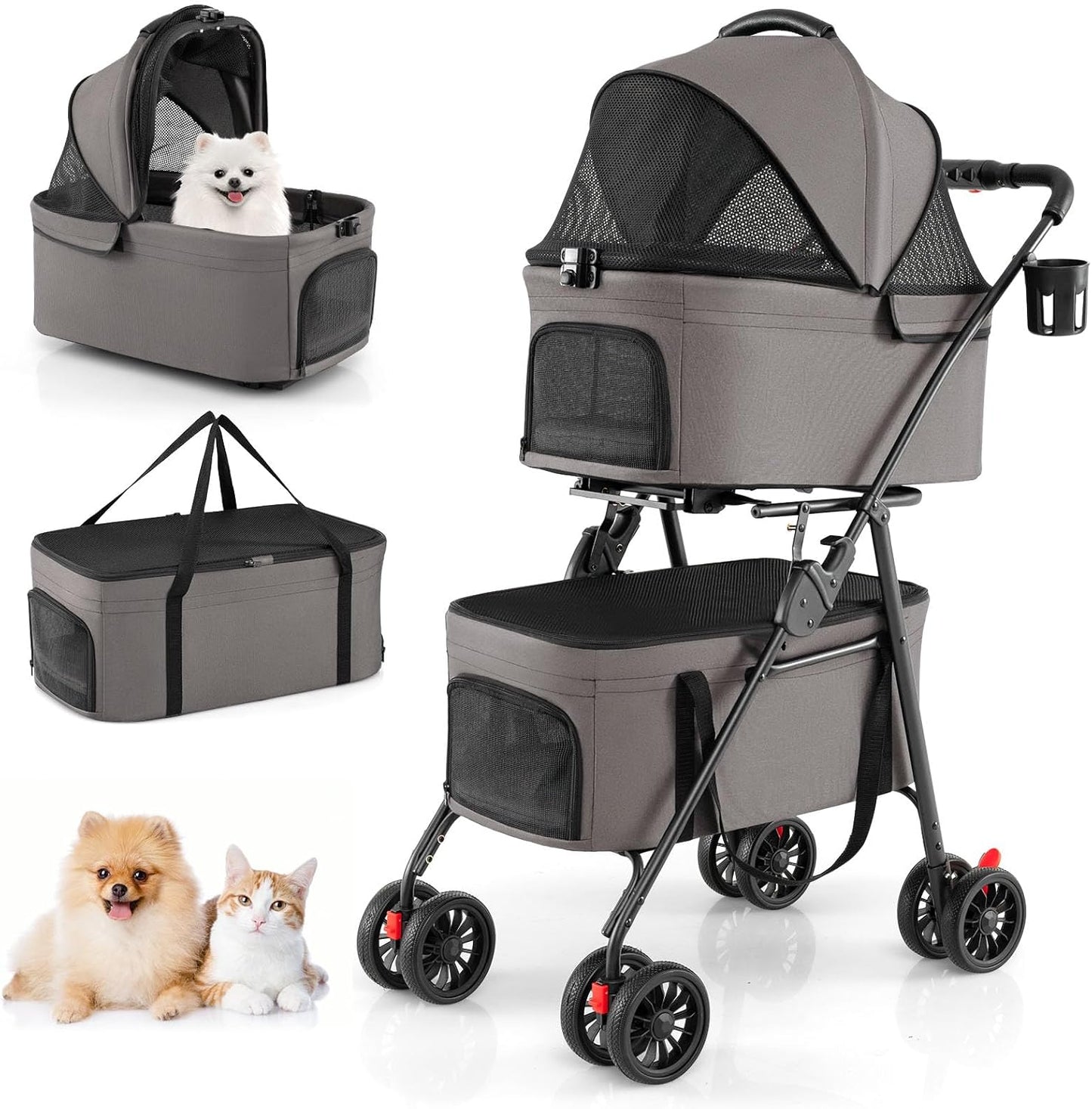 Double Pet Stroller, 4 Wheels Foldable Dog Pushchair Cat Buggy