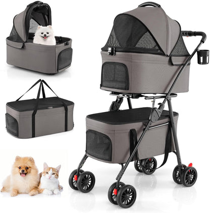 Double Pet Stroller, 4 Wheels Foldable Dog Pushchair Cat Buggy