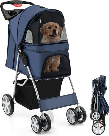 4-Wheel Folding Pet Stroller with Storage Basket and Adjustable Canopy