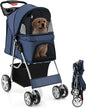 4-Wheel Folding Pet Stroller with Storage Basket and Adjustable Canopy