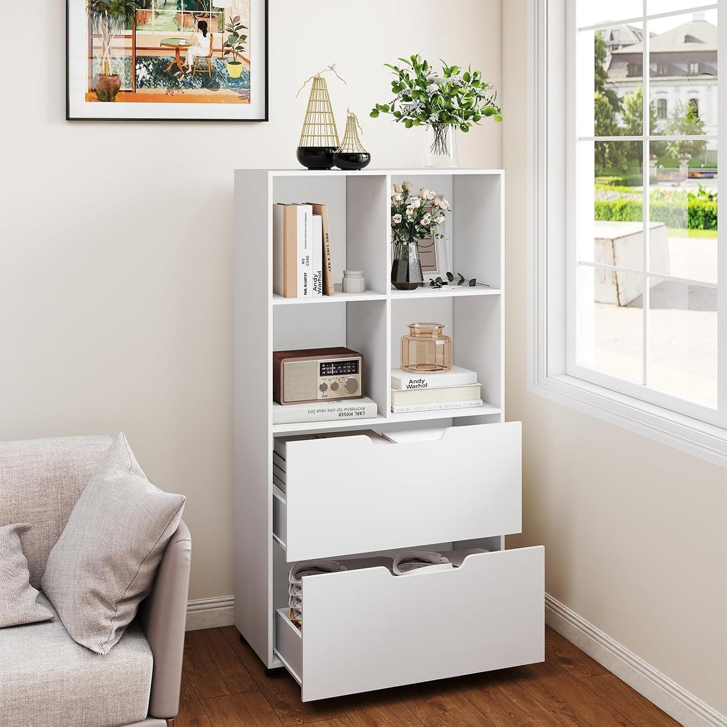 130cm Tall Bookcase, Wooden Cube Bookshelf Storage Cabinet