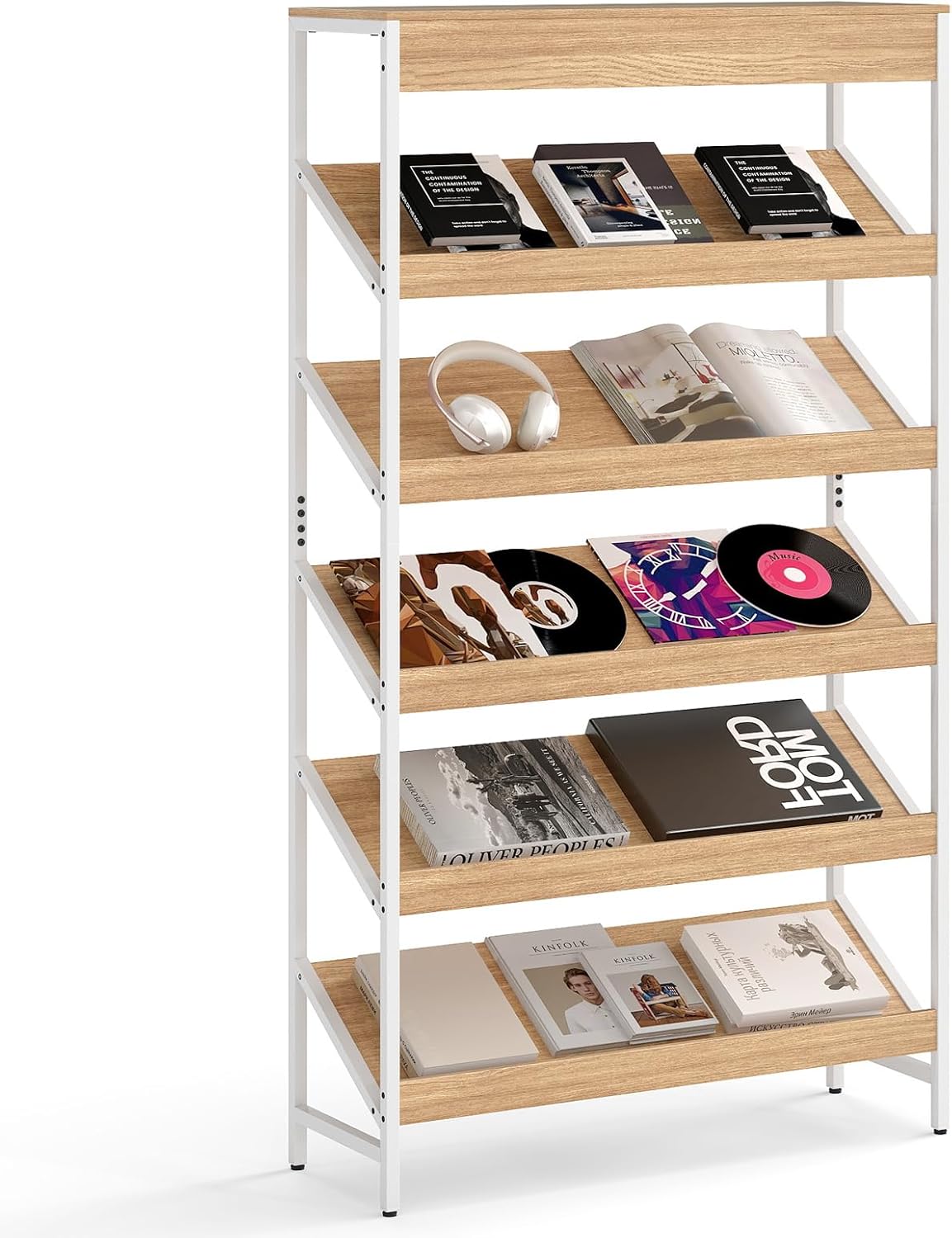 6 Tier Bookshelf, 161 cm Tall Freestanding Slant Display Shelf
