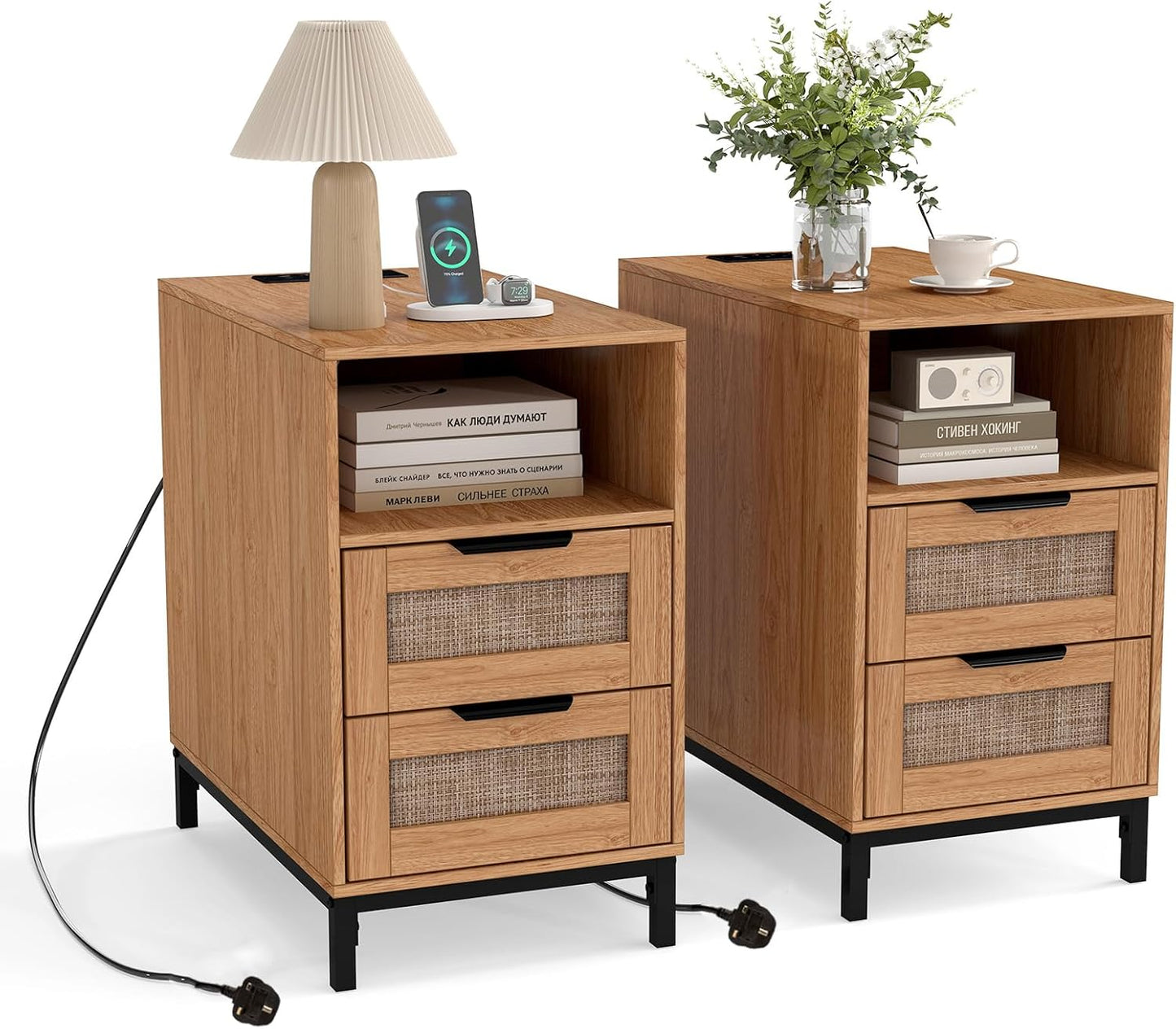 Narrow End Table with Charging Station and 2 Drawers for Bedroom