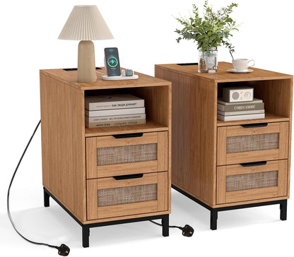 Narrow End Table with Charging Station and 2 Drawers for Bedroom