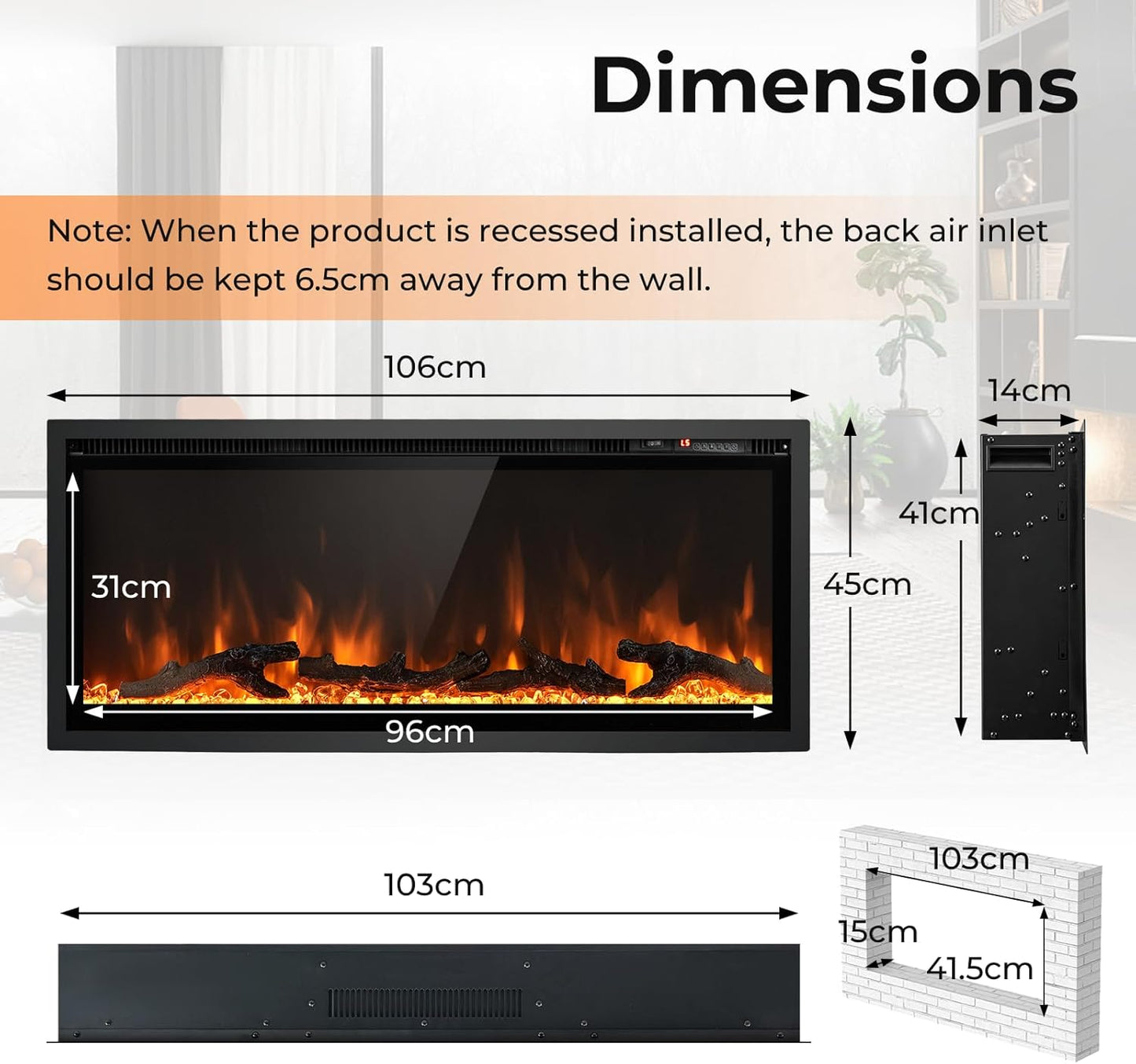 Linear Electric Fireplace with Log and Crystal Decor and Remote Contro