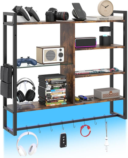 107 CM Industrial Floating Shelves 6-Tier Wall Mounted Shelf with 8 S-Hooks