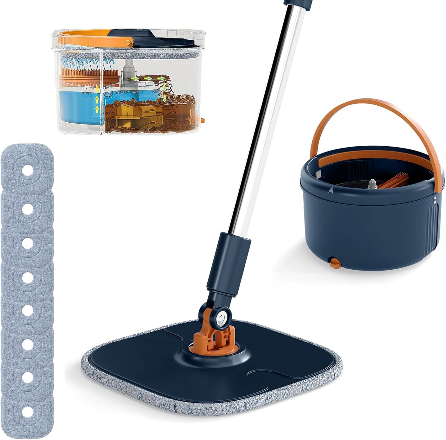 Flat Floor Mop and Bucket System with Washable Microfiber Pads