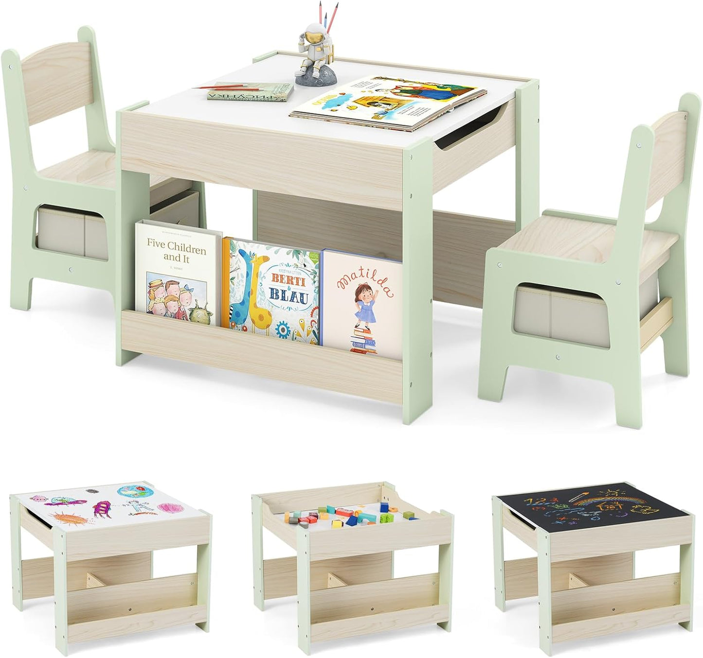 4 in 1 Kids Table and Chairs Set with Reversible Tabletop and Bookshelves