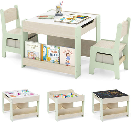 4 in 1 Kids Table and Chairs Set with Reversible Tabletop and Bookshelves