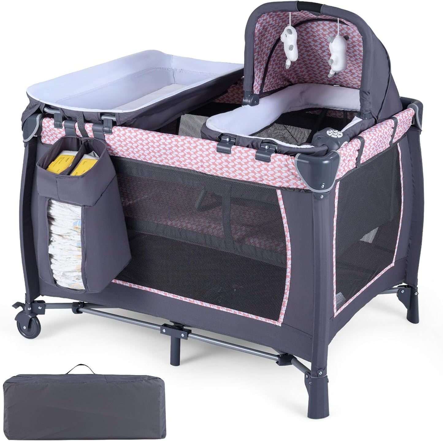 5 in 1 Travel Cot, Portable Baby Crib Bassinet with Rocking Bassinet & Diaper Changing Table