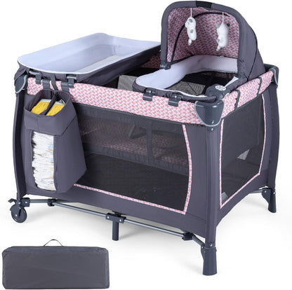 5 in 1 Travel Cot, Portable Baby Crib Bassinet with Rocking Bassinet & Diaper Changing Table