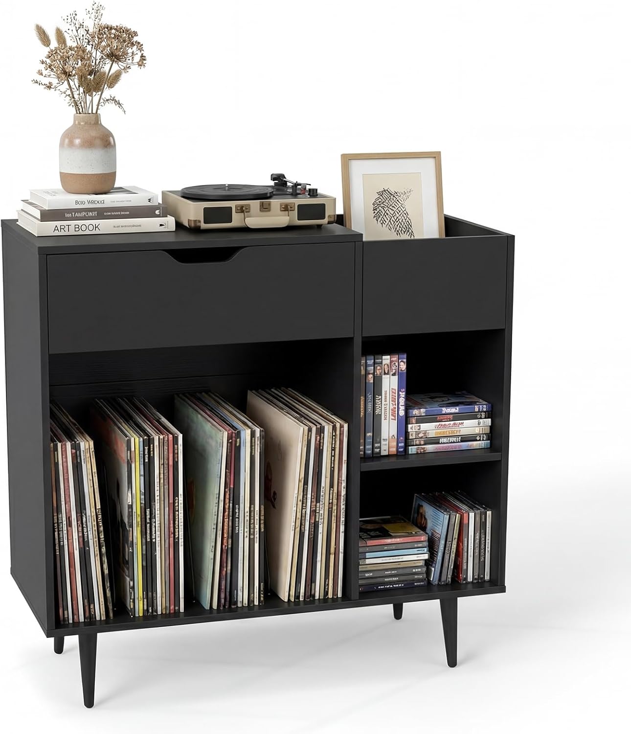 Record Player Stand with Charging Station, Turntable Stand End Side Table with Drawer