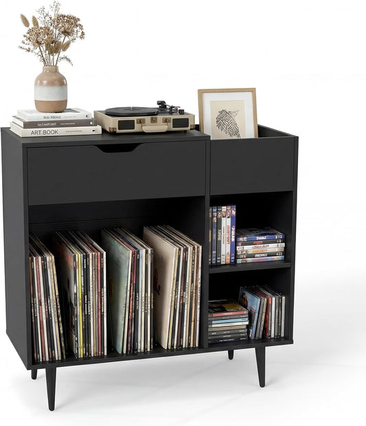 Record Player Stand with Charging Station, Turntable Stand End Side Table with Drawer