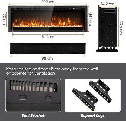 GiantexUK Electric Fireplace, Freestanding Wall Mounted Recessed Electric Fire Heater with 12 Flame Colors