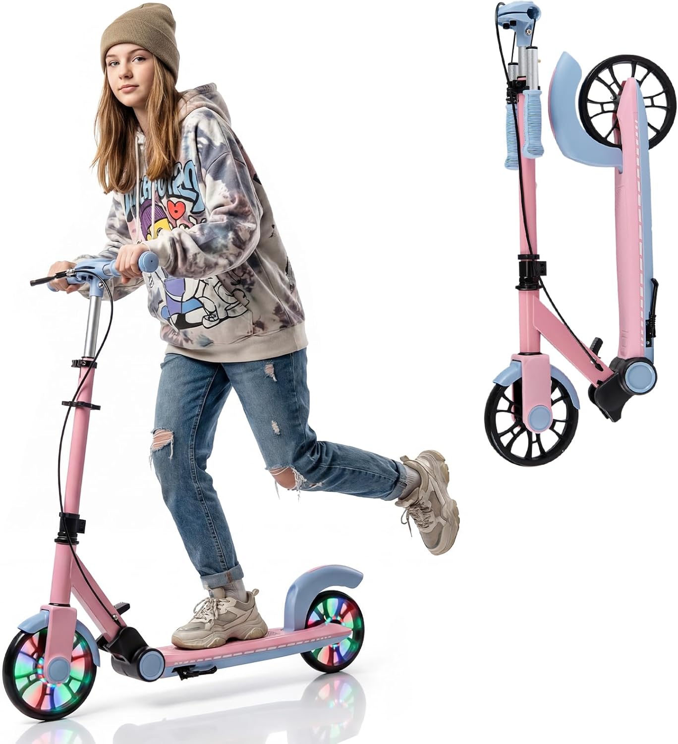 Folding Kick Scooter, 2 Flash Wheels Scooter with 3-Level Adjustable Handlebar and Rear Foot Brake