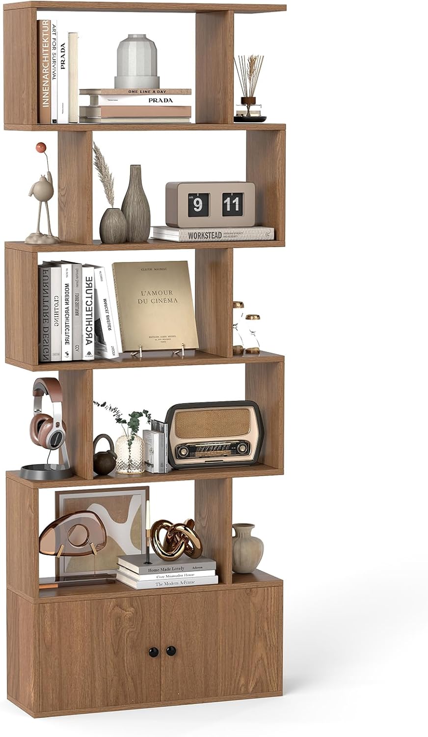Industrial S-Shaped 5-tier Bookcase with Cabinet