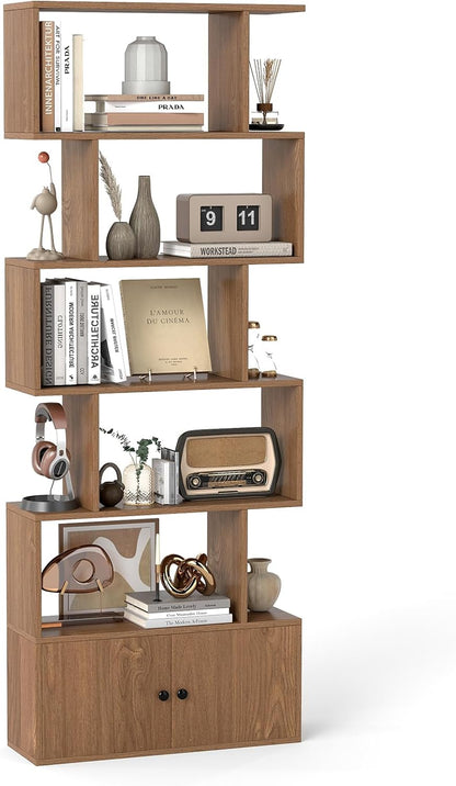Industrial S-Shaped 5-tier Bookcase with Cabinet