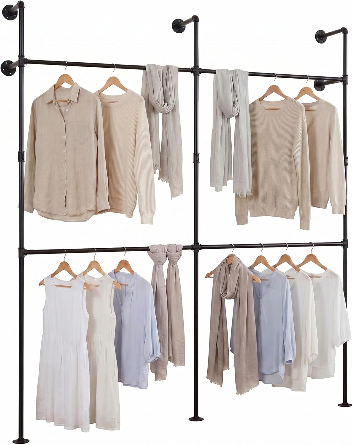 Telescopic Clothes Rail, 2-Tier Walk-in Closet System Open Wardrobe Organiser with 2/4 Hanging Rails