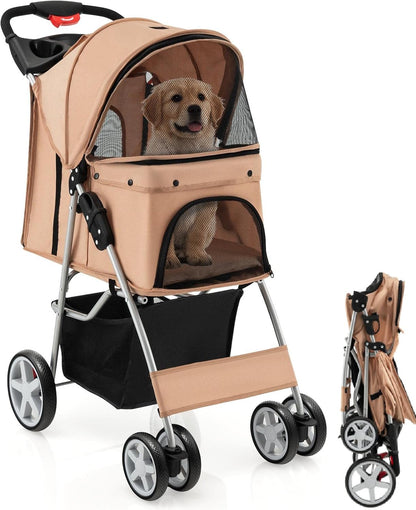 4-Wheel Folding Pet Stroller with Storage Basket and Adjustable Canopy
