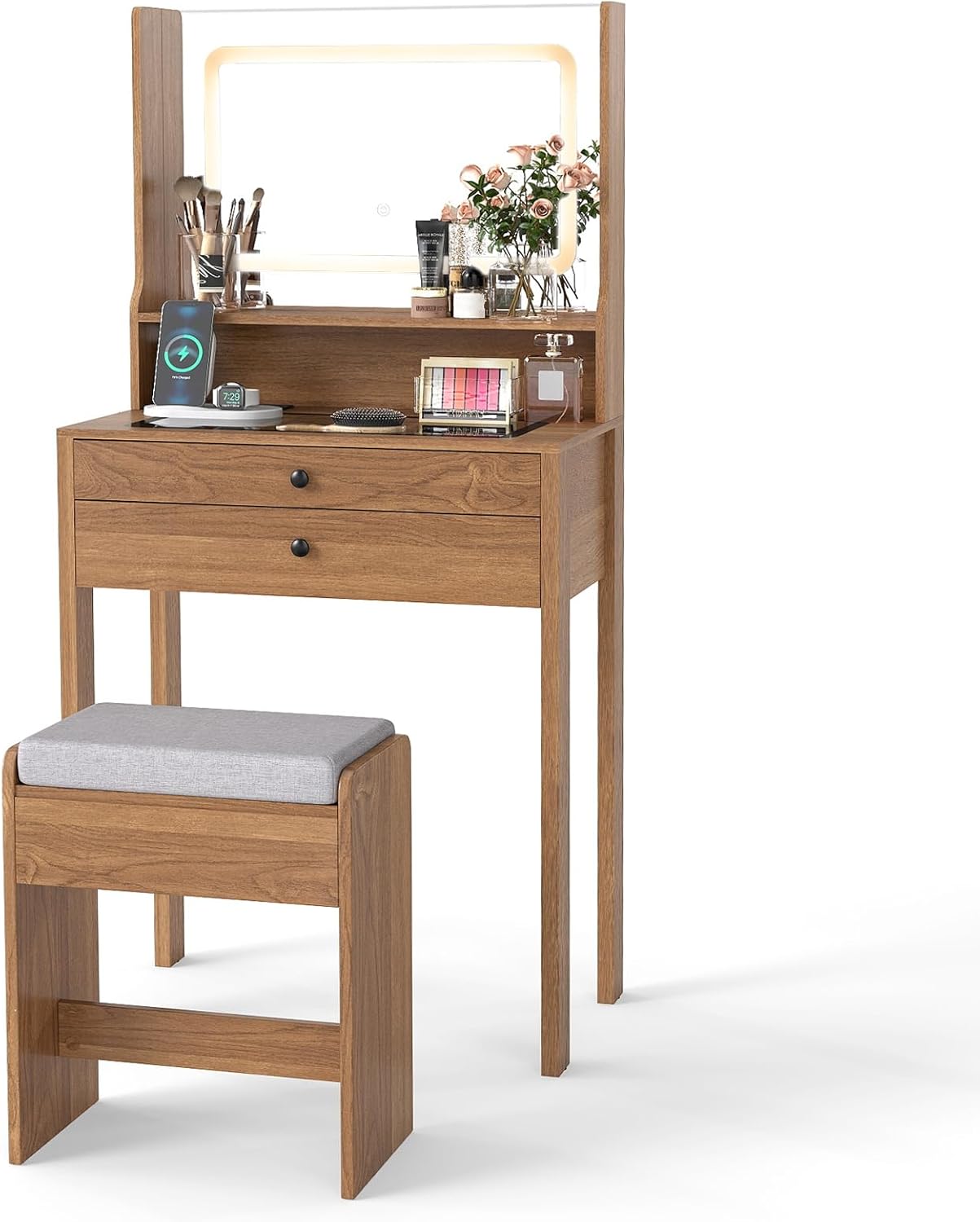 Vanity Desk with Power Outlets and 3 Color Lighting Modes for Bedroom