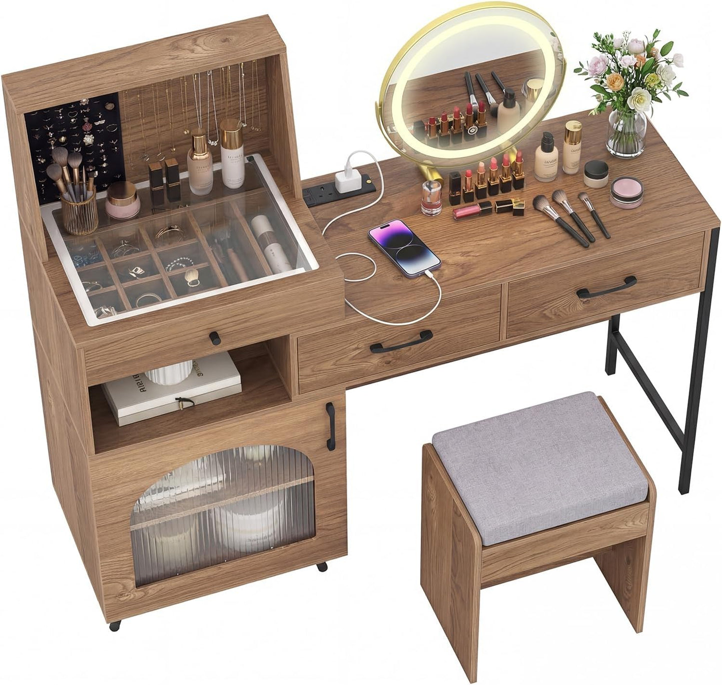 Dressing Table with 3-Color LED Lights Swivel Mirror and Stool