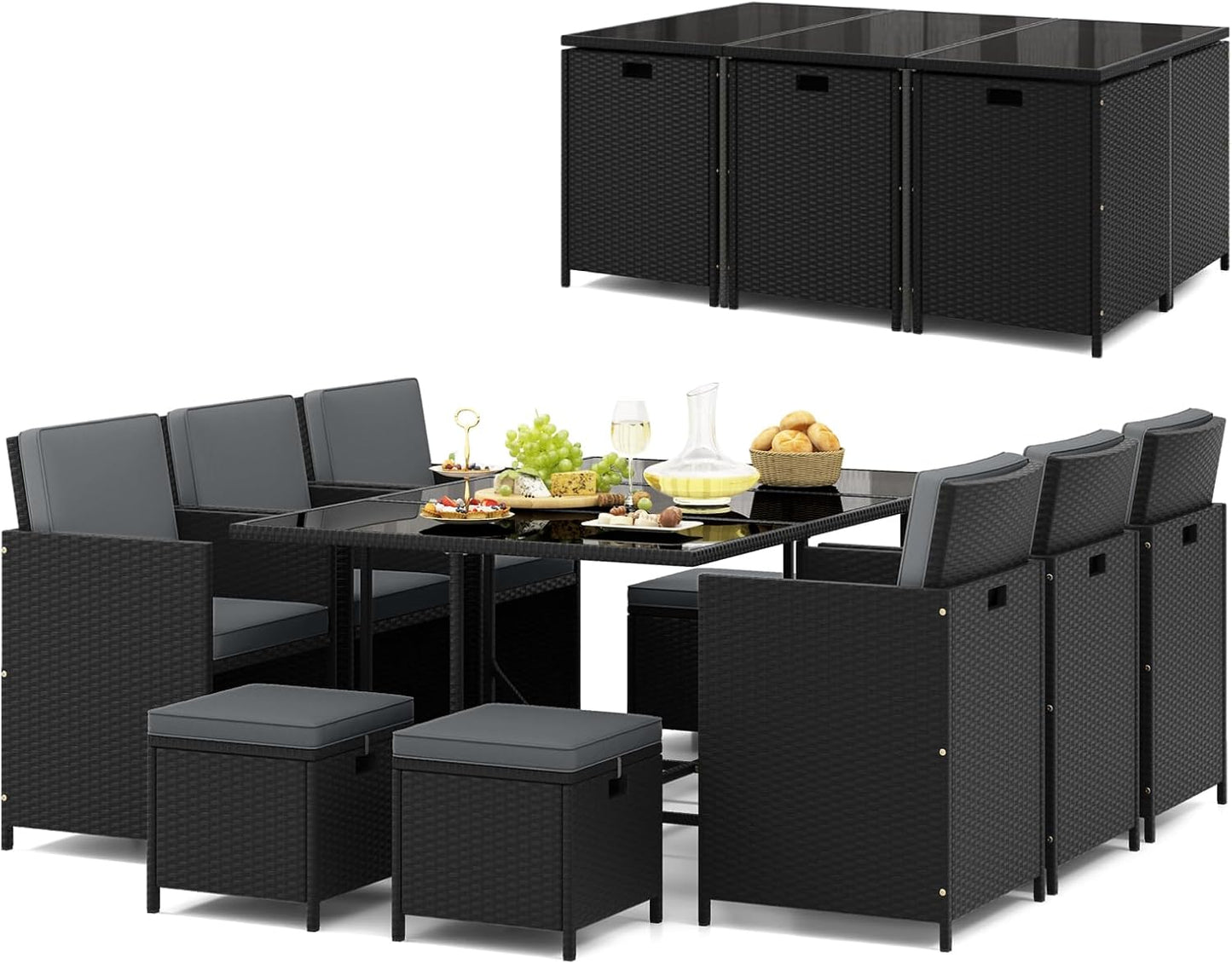 11 Pieces Patio Dining Set with Ottomans for Garden Yard Poolside