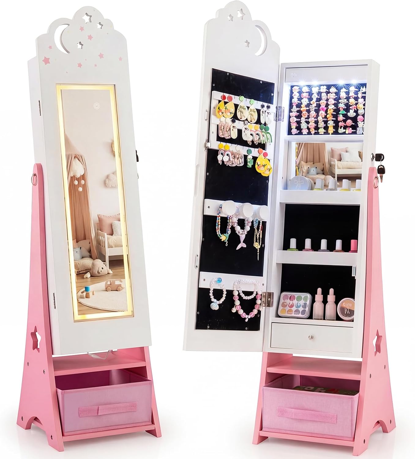 Kids Jewelry Cabinet with Sensor Lights and Full-Length Mirror