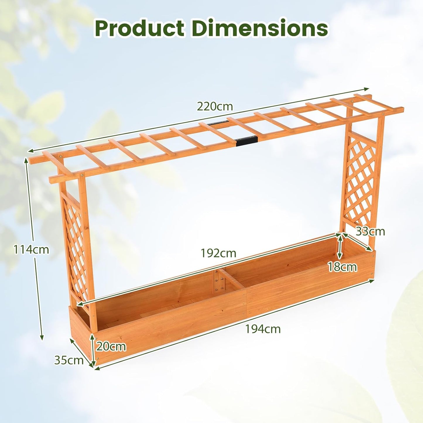 Garden Planter with Trellis, Hanging Roof and Drainage Holes