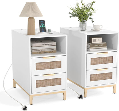 Narrow End Table with Charging Station and 2 Drawers for Bedroom