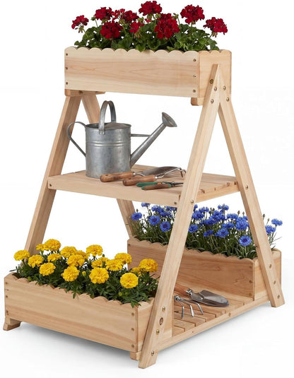 3 Fir Wooden Planter Boxes with Open Storage Shelf and 3 Drainage Holes
