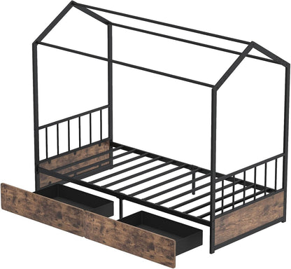 Kids Bed Frame, 3FT Single Size House Bed with Roof, 2 Drawers, Headboard & Footboard