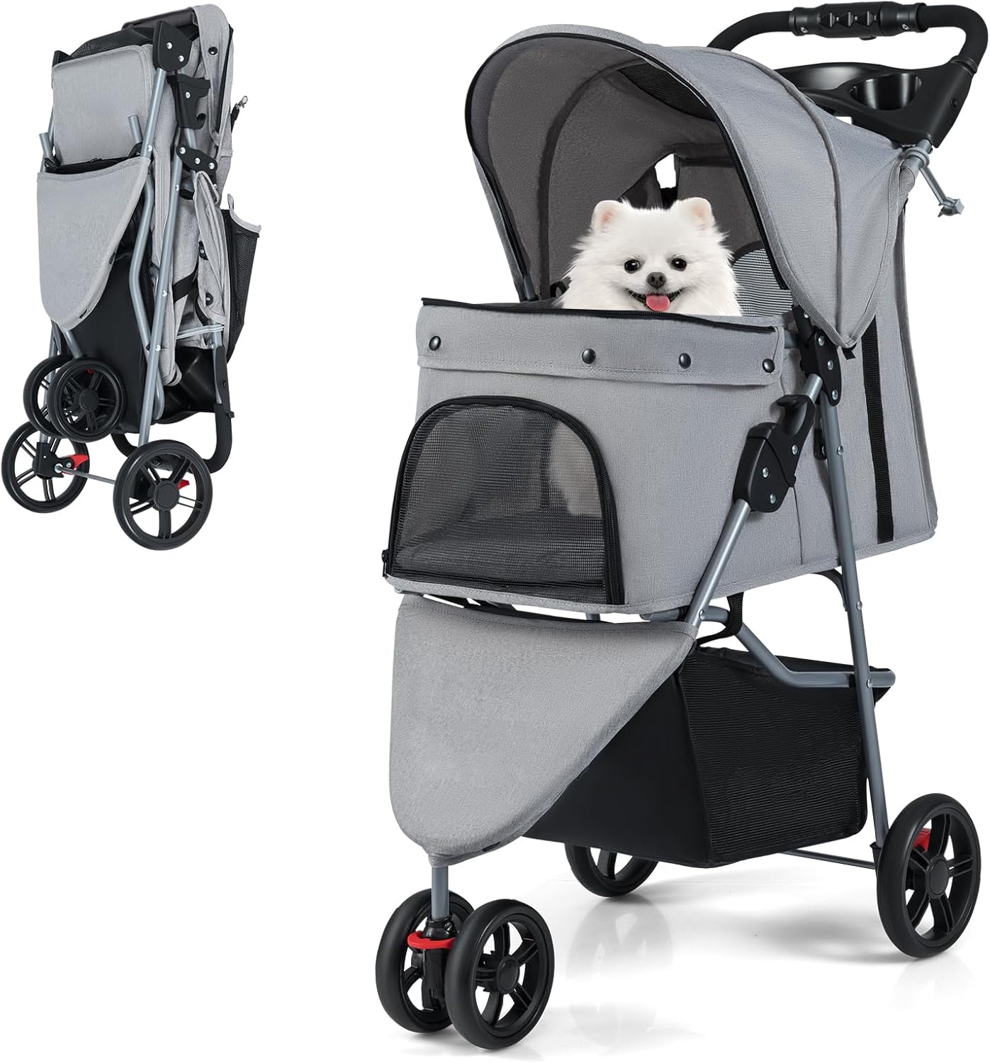 Pet Stroller with Adjustable Canopy and 3 Shock-absorbing Wheels